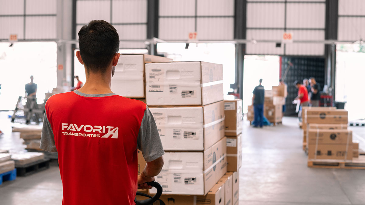 Colaborador da Favorita Transportes organiza caixas em galpão logístico para preparar entregas da Black Friday com eficiência.