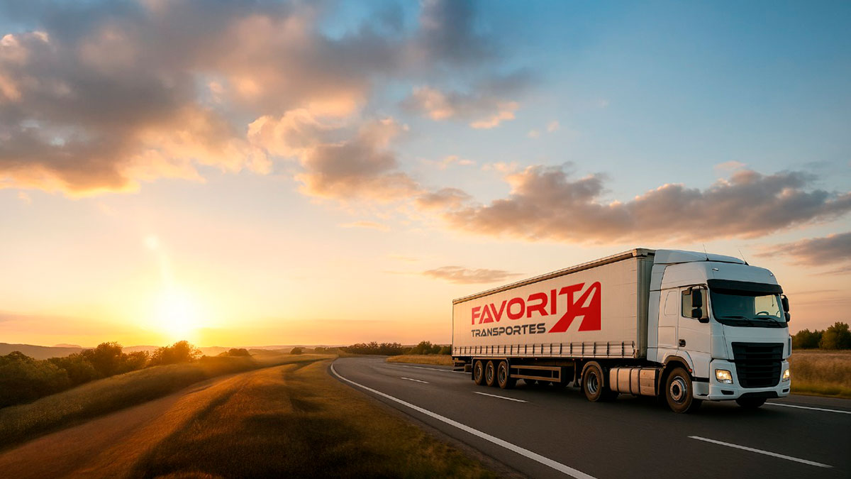 Caminhão da Favorita Transportes na estrada durante o pôr do sol, simbolizando as ações e conquistas do primeiro semestre de 2025.
